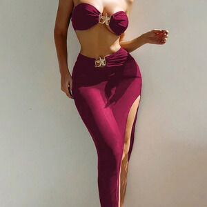 Burgundy Sexy Women's Beach Starfish Decor Halter Bikini Set W/ Skirt
